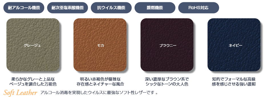高田ベッド製品 オリジナルレザーとソフトレザーの色見本。