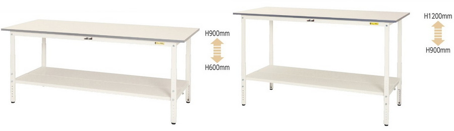 ワークテーブル 固定式 SUP SUPH 高さH740とH950mmから選べます。半面棚板付 全面棚板付